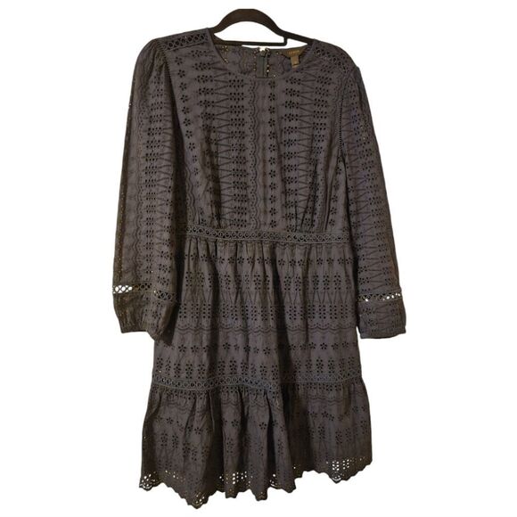 J. CREW Navy Eyelet Long Sleeve Flutter Hem Dress - Size 10 - Picture 1 of 8